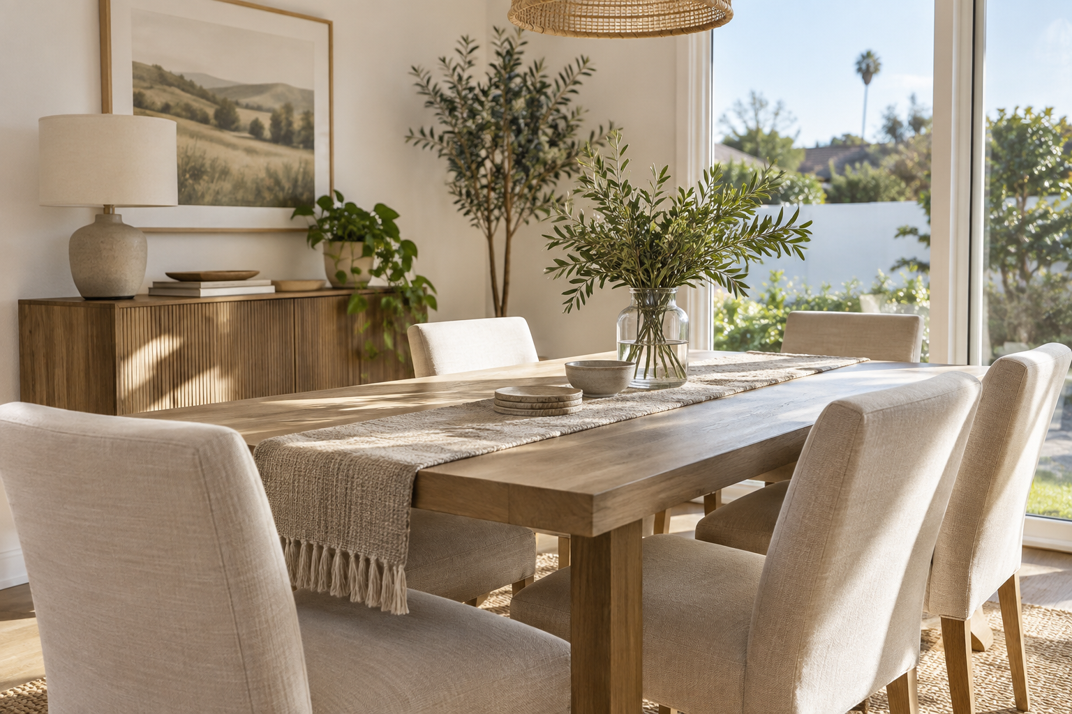 Sunlit Southern California dining nook with a clean oak table and garden view