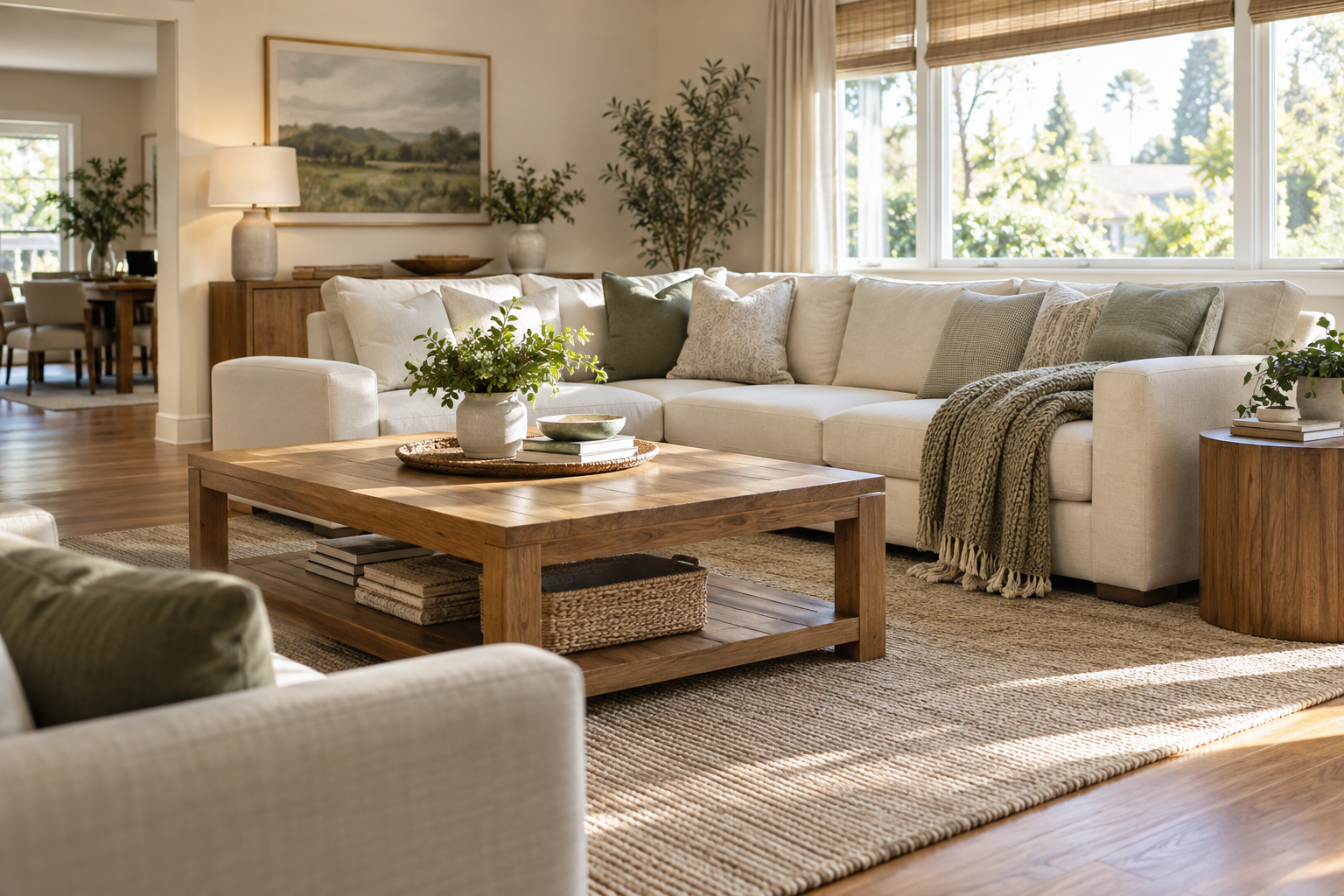 Freshly tidied living room with cream sofa, folded throw and clean wood surfaces