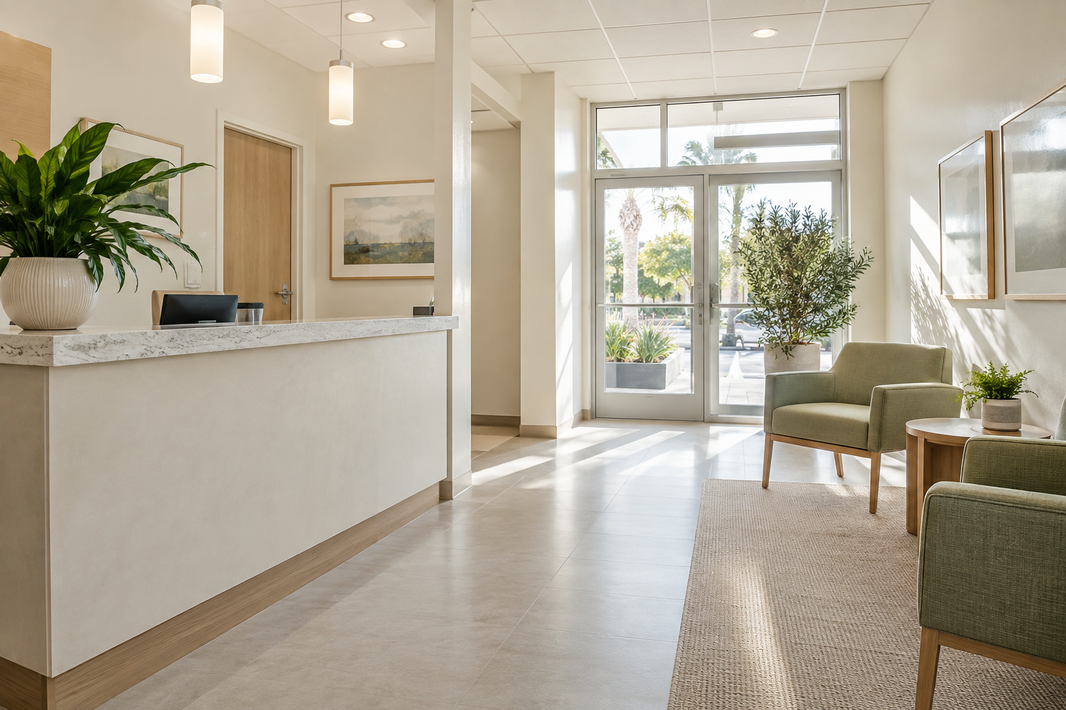 Clean small clinic reception and waiting space with sage chairs and bright entrance