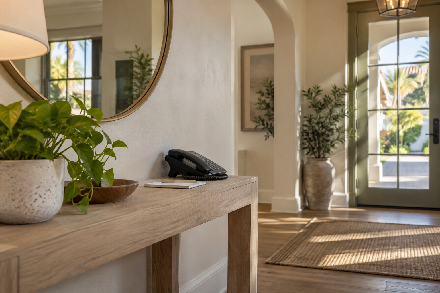 Welcoming home entry with a telephone on a clean oak console
