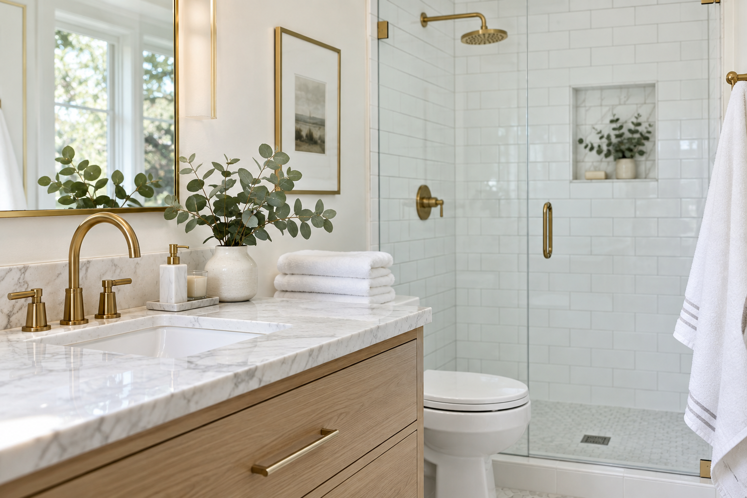 Bright spotless bathroom with clean shower glass, white tile and folded towels