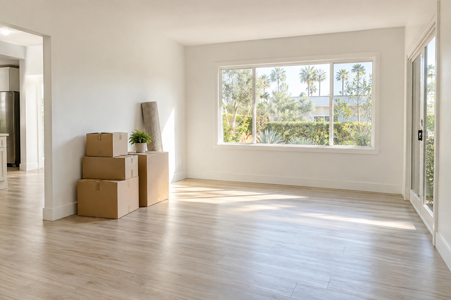 Bright clean apartment with pale floors and a few sealed moving boxes