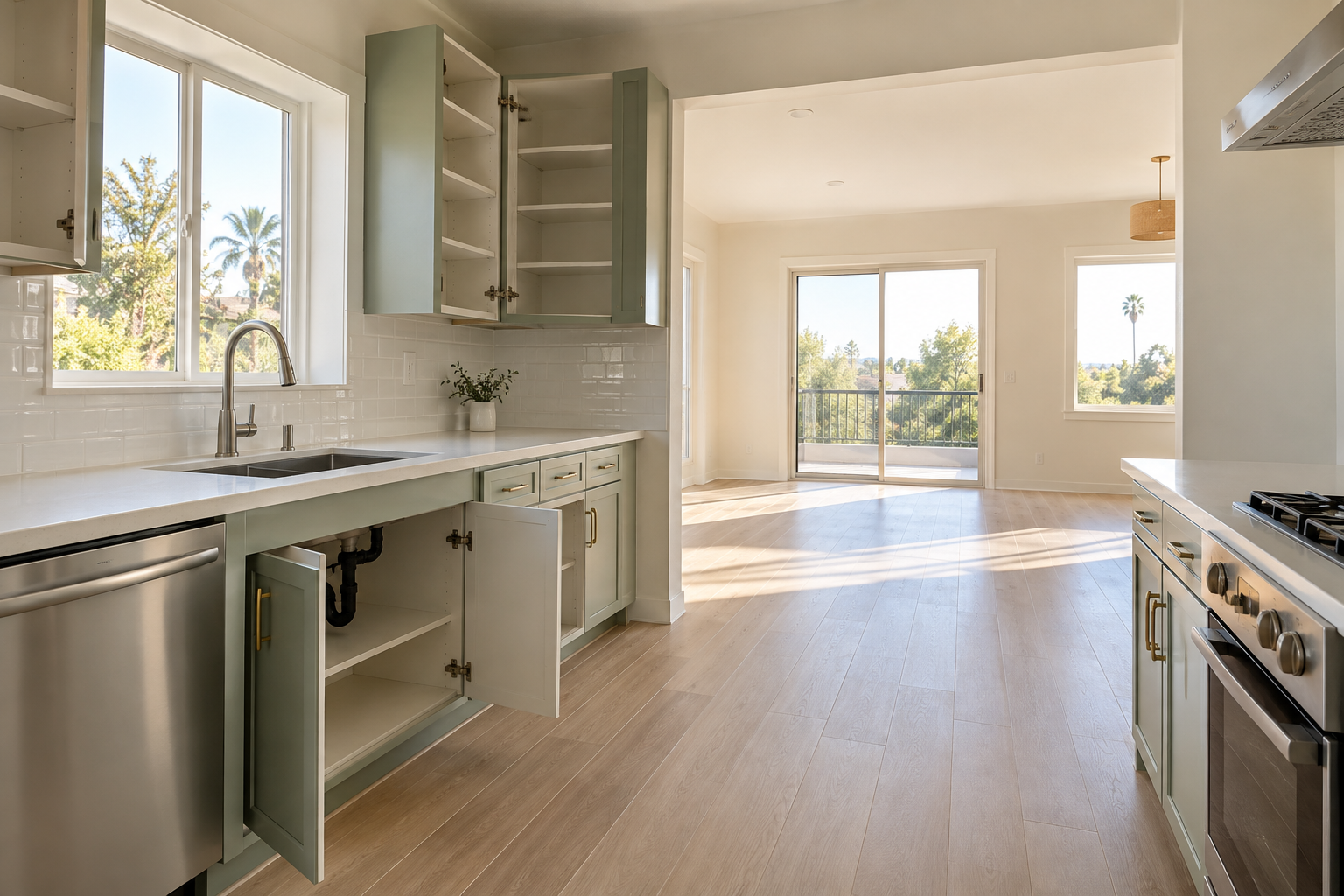 Empty clean California rental kitchen opening onto an unfurnished sunlit room