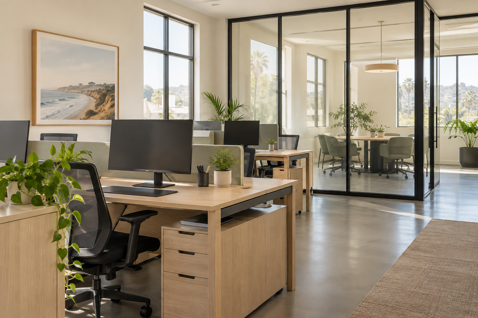 Tidy professional office with clean desks, glass meeting room and daylight