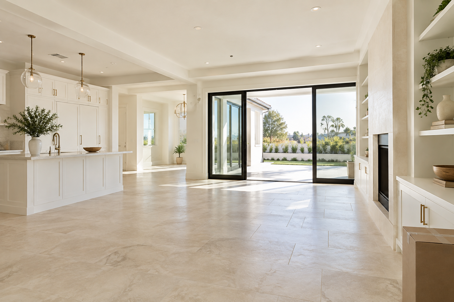 Newly finished clean California living space with pale flooring and open patio doors