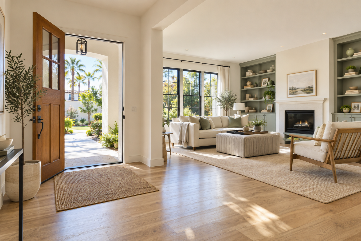 Clean open-plan Southern California home with a sunlit entrance and living room