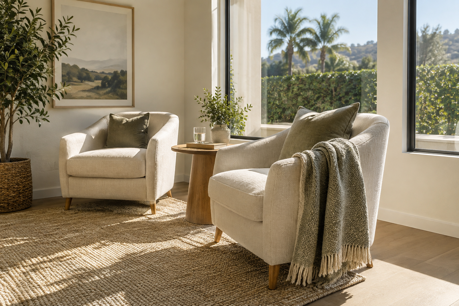 Clean peaceful reading corner with cream chairs and a Southern California garden view