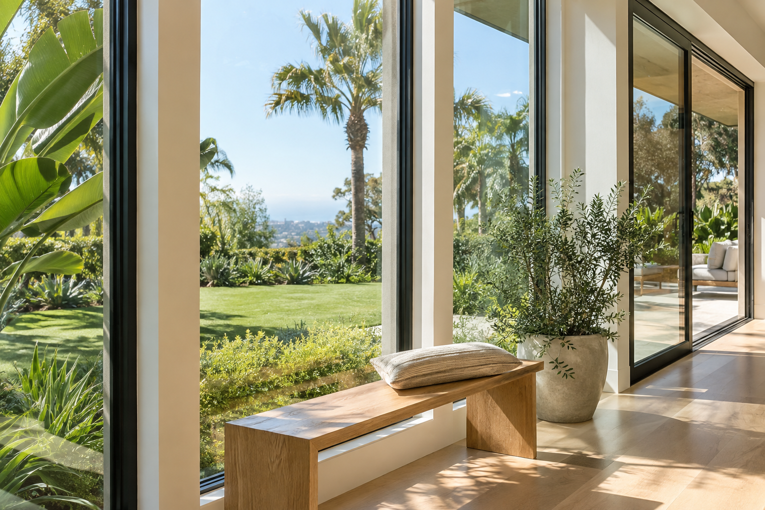 Clear sunlit residential windows overlooking a Southern California garden
