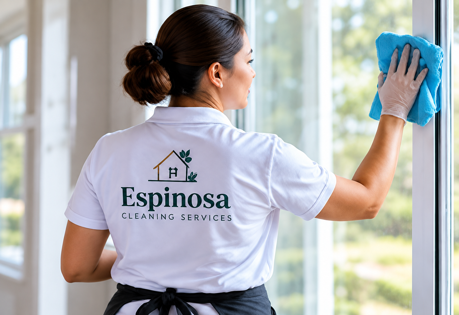 Espinosa cleaning professional wiping a window