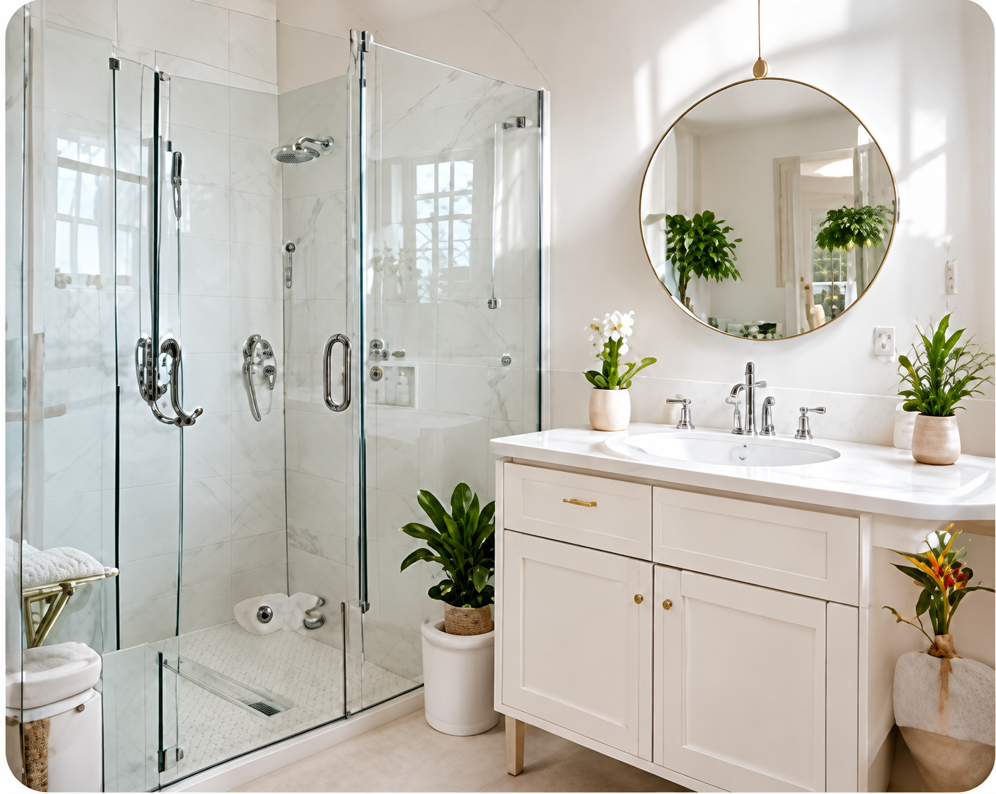 Clean bathroom with a glass shower and round mirror