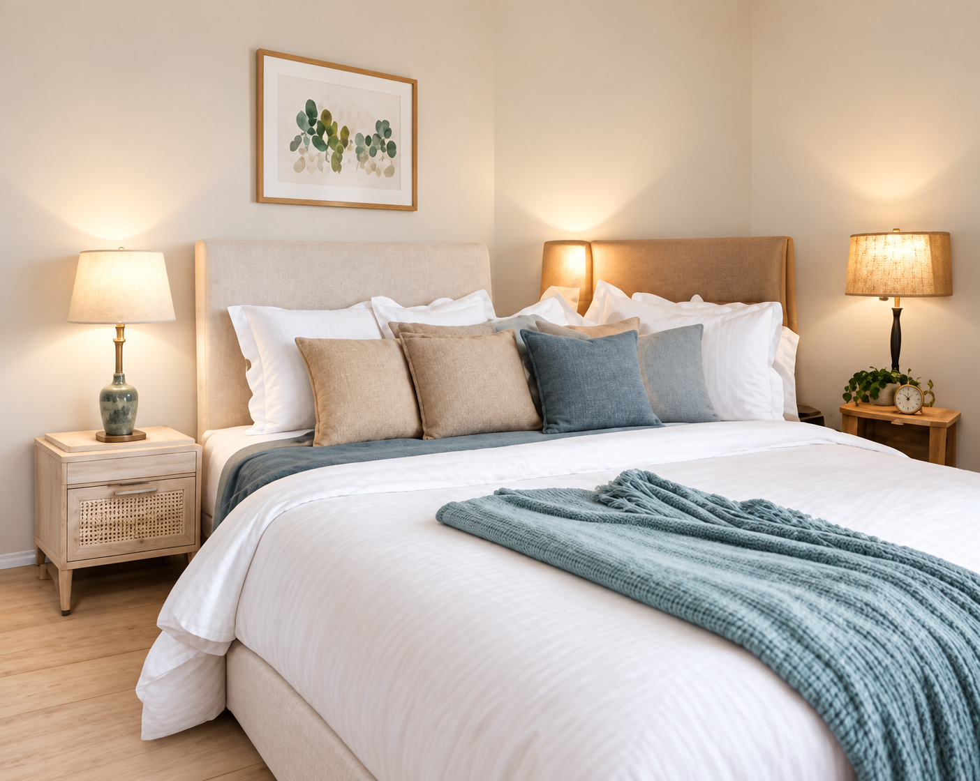 Neatly made bed with fresh white linens