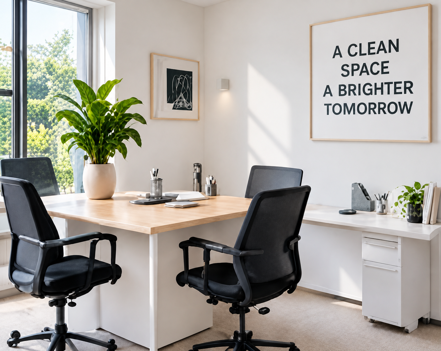 Clean and organized office with two workstations