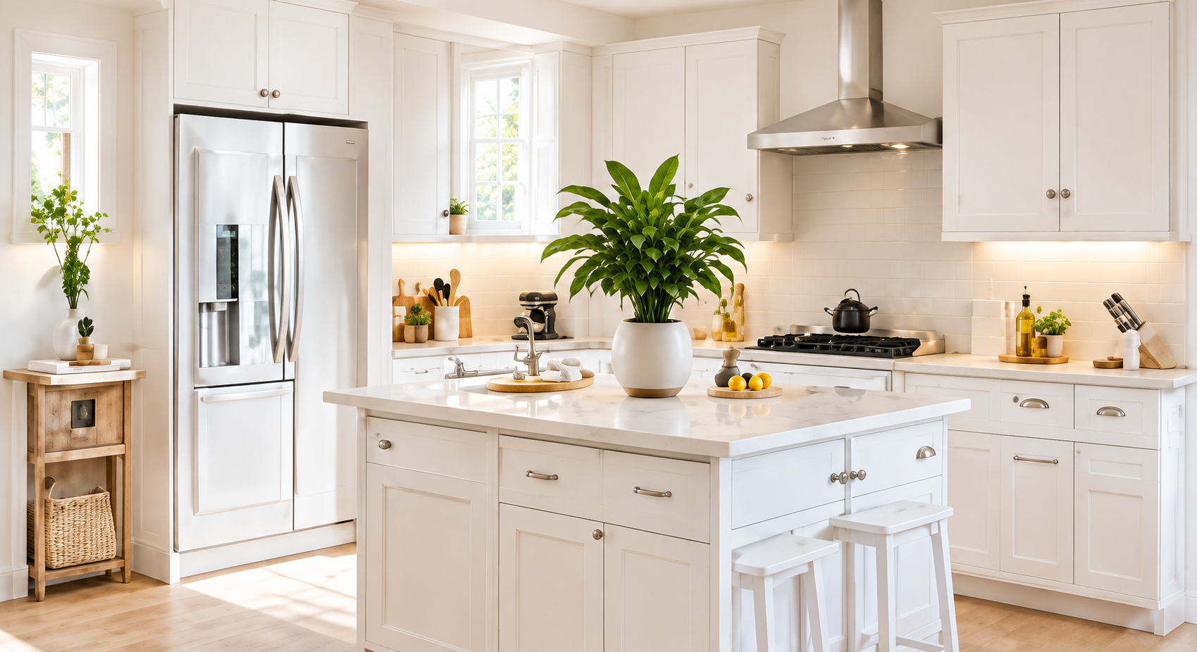 Bright white kitchen with clean counters