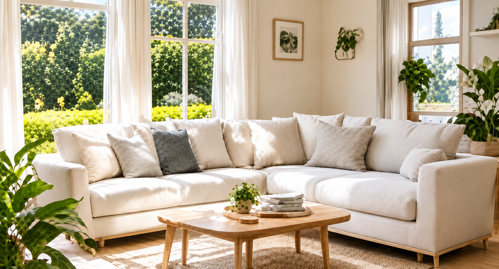Freshly cleaned living room with a sunlit sofa