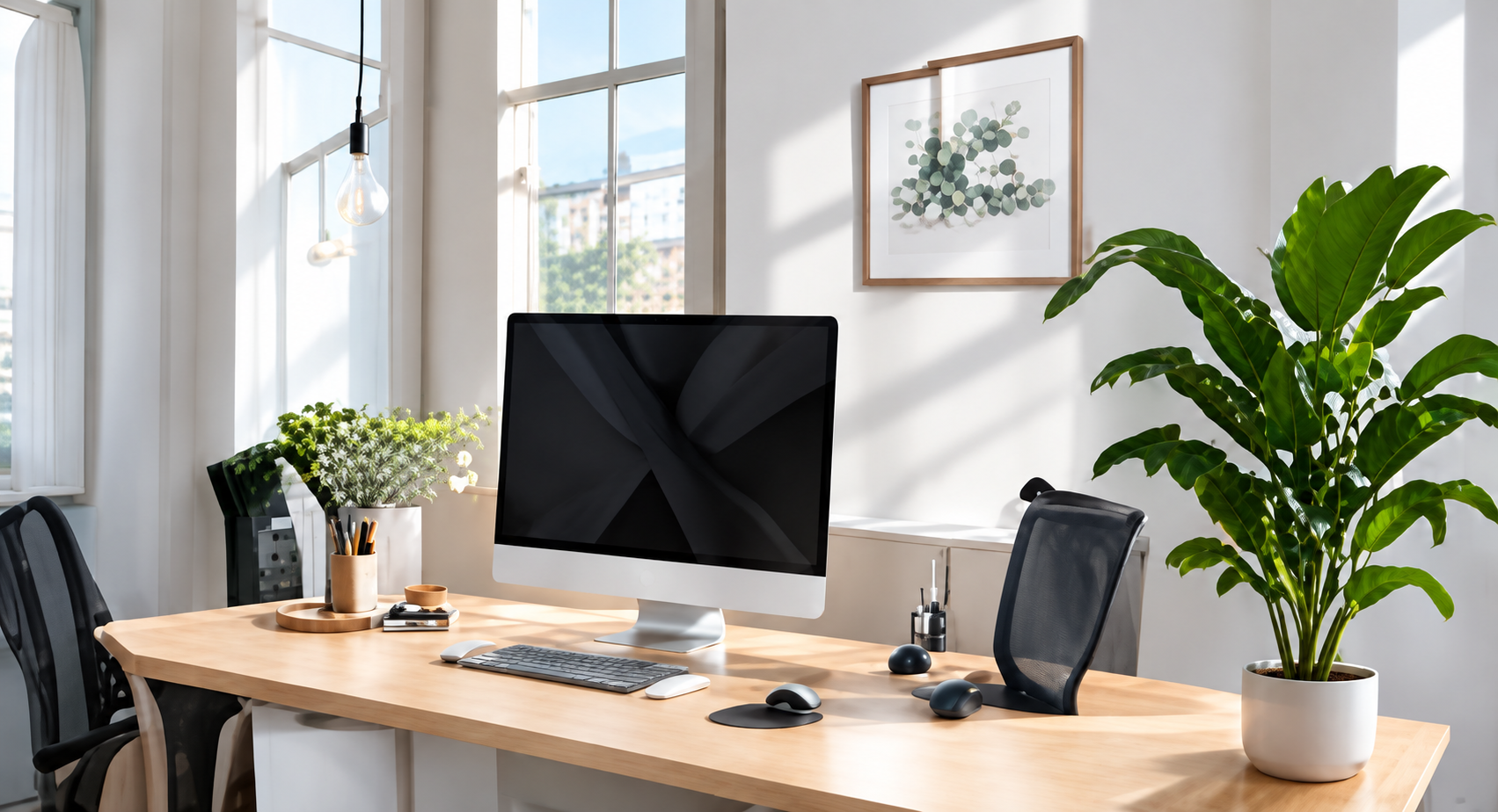 Tidy office desk next to a leafy plant