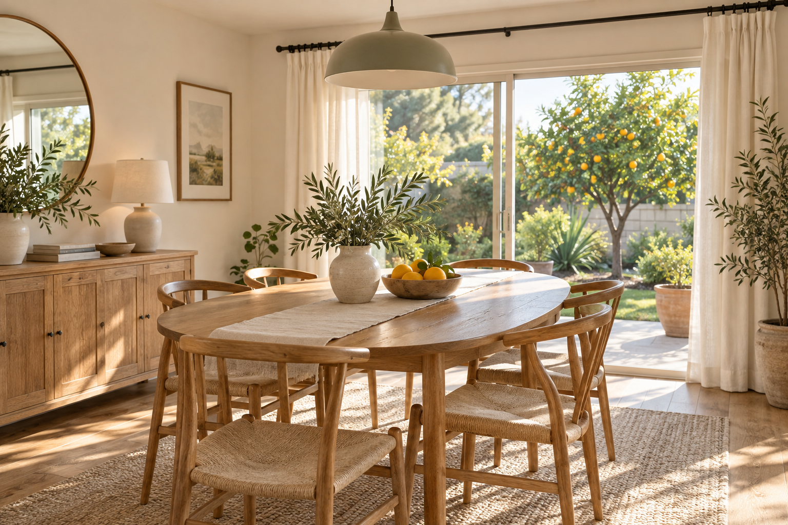 Sunlit dining room with natural wood furniture and a citrus garden