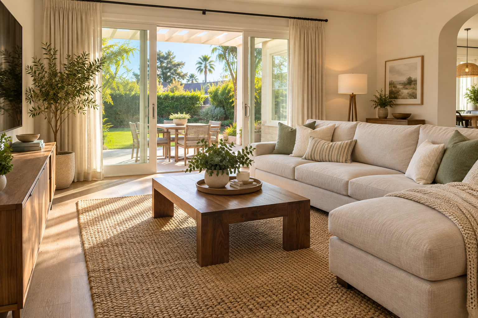 Tidy living room with an oatmeal sofa and clean wood surfaces