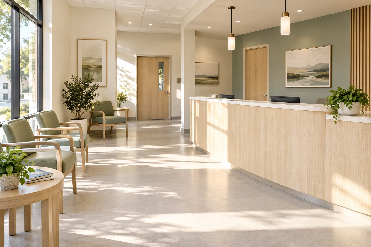 Unoccupied clinic reception with clean floors and sage waiting chairs