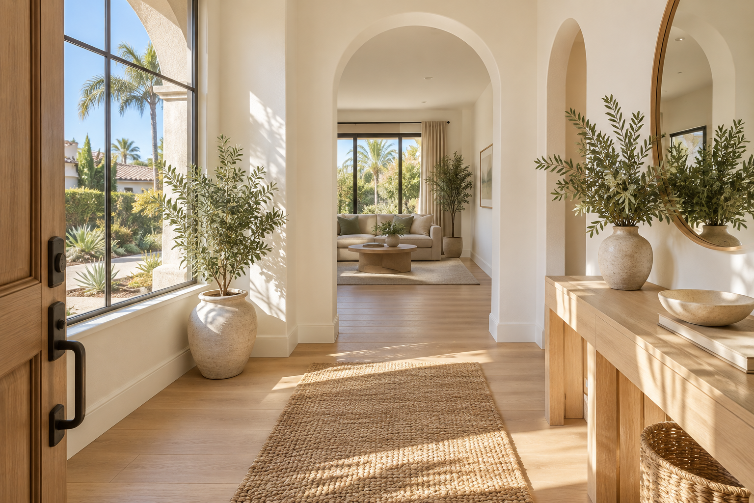 Welcoming California entryway with an arched doorway and palms outside