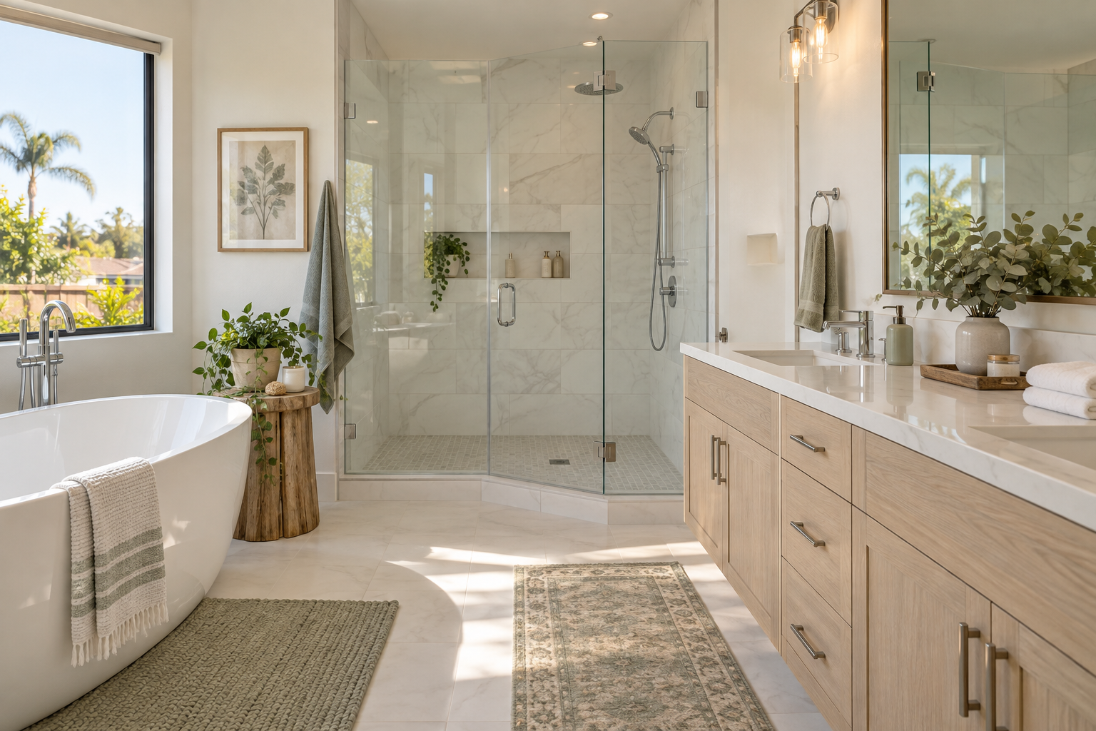 Spotless bathroom with a glass shower and pale oak vanity