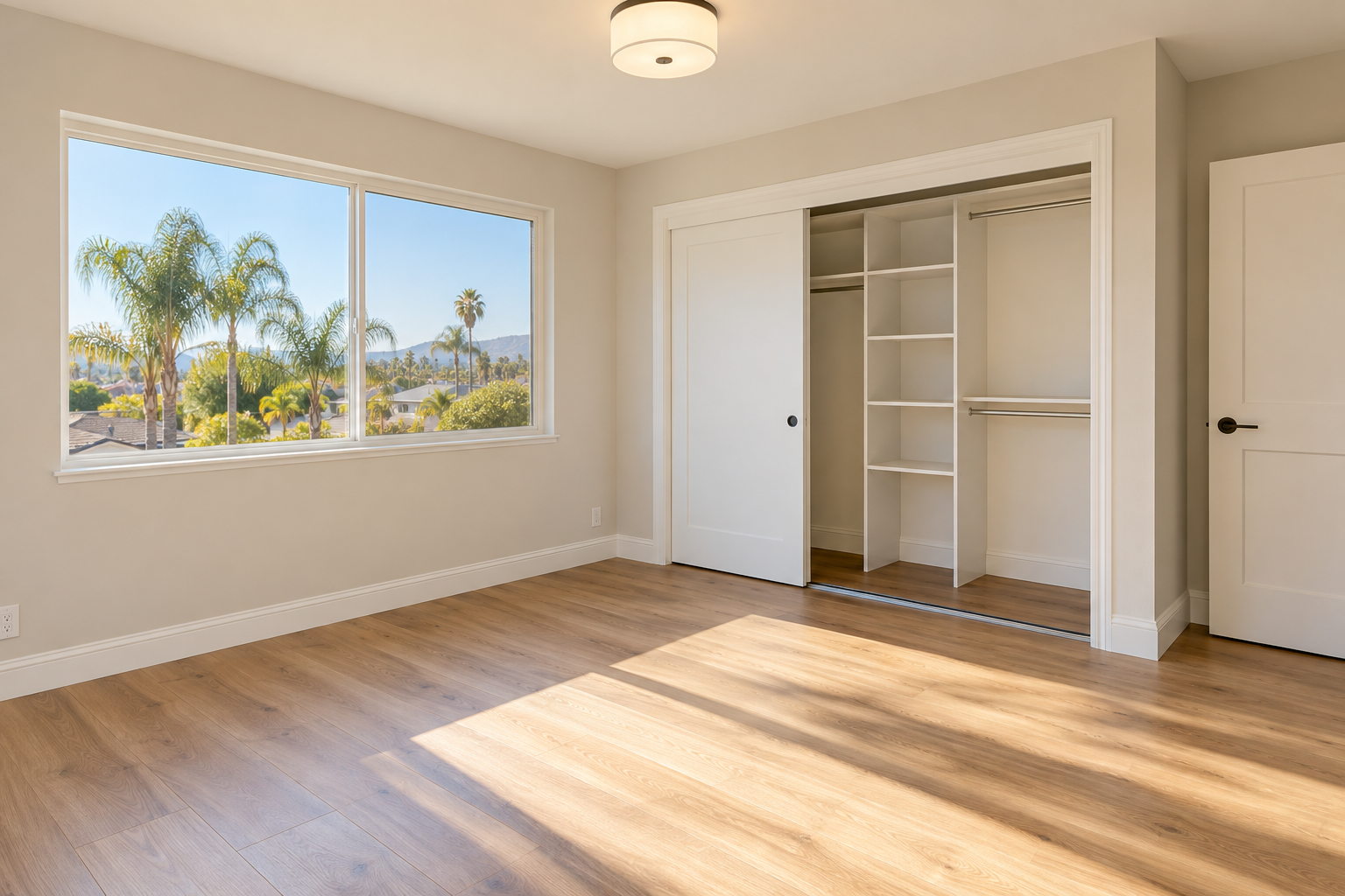 Vacant clean bedroom with an empty built-in closet