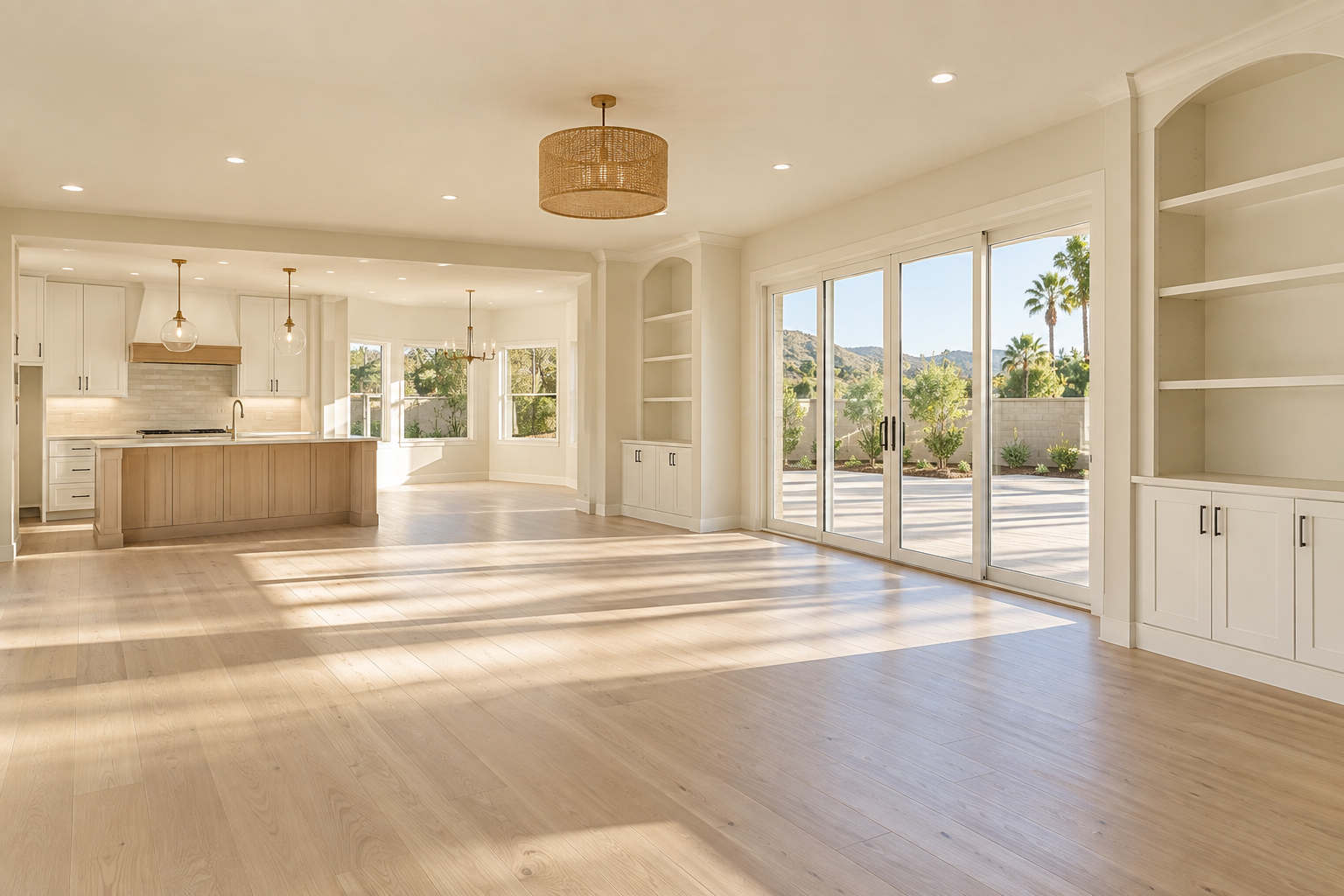 Freshly finished empty interior with clean floors and built-in cabinets