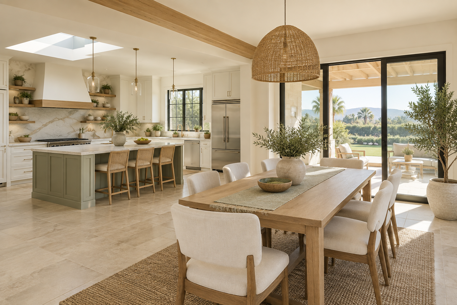 Bright open-plan kitchen and dining area with sage and cream accents