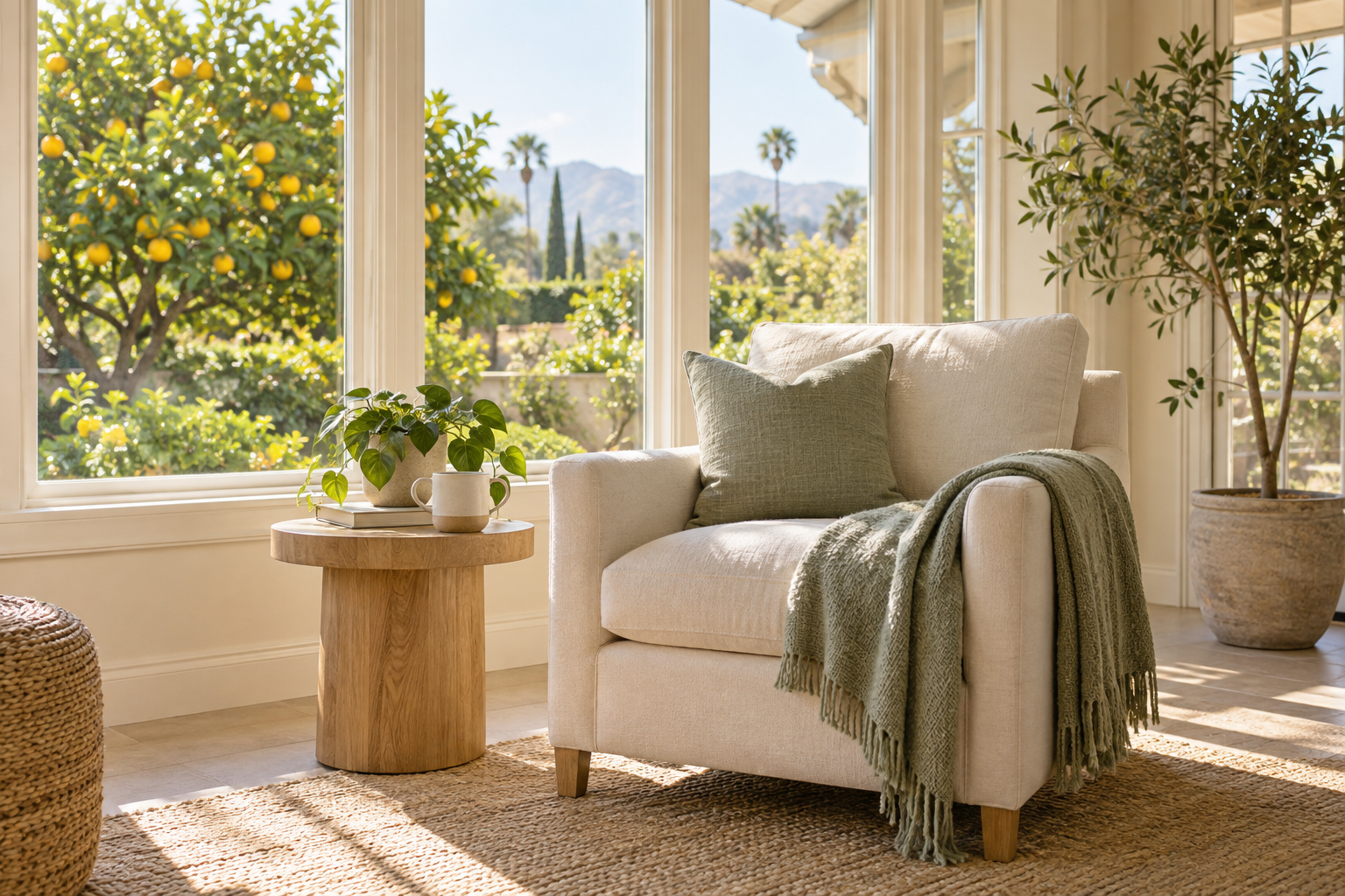 Quiet sunroom with an ivory reading chair and a view of citrus trees