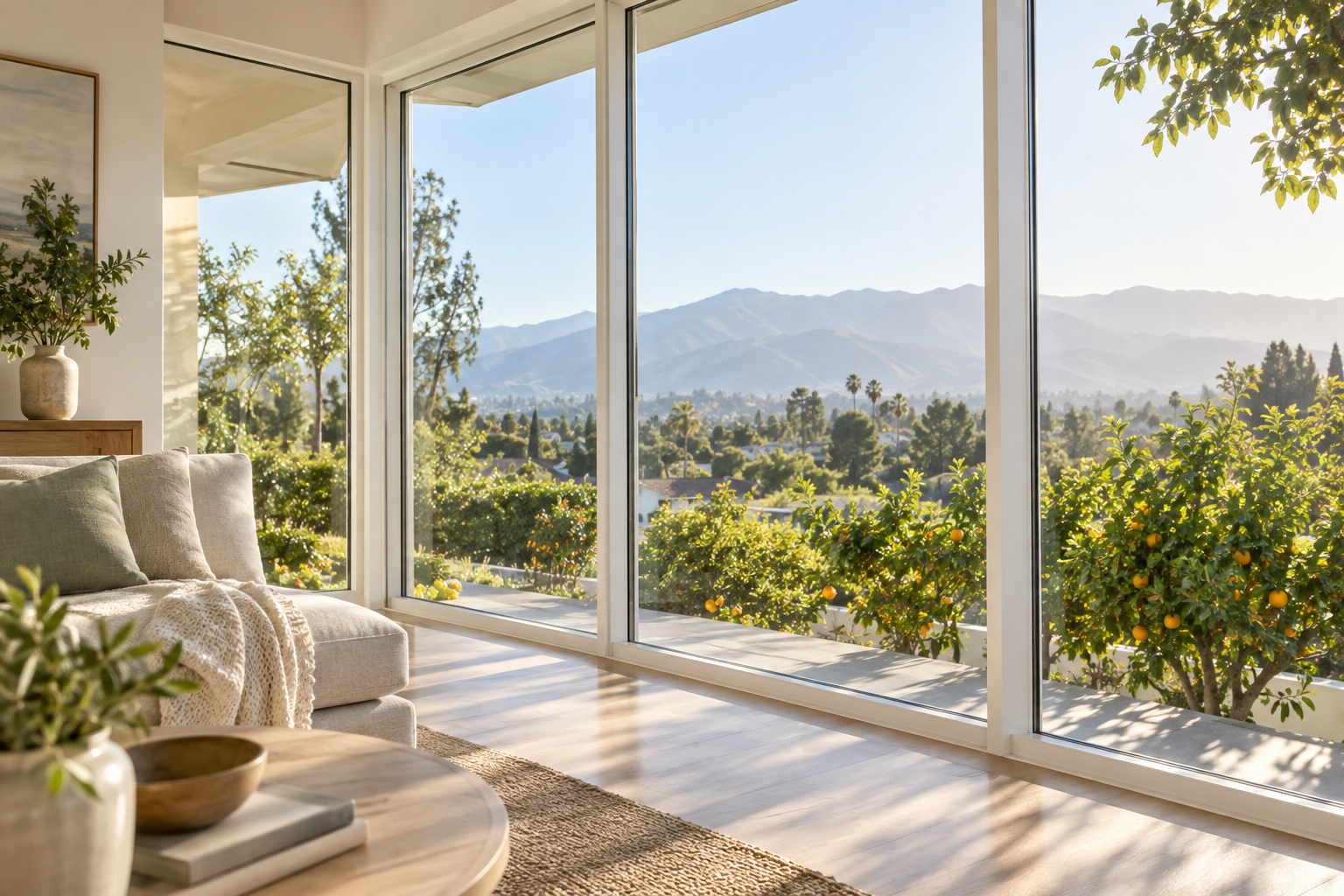 Clear floor-to-ceiling windows overlooking a sunny garden